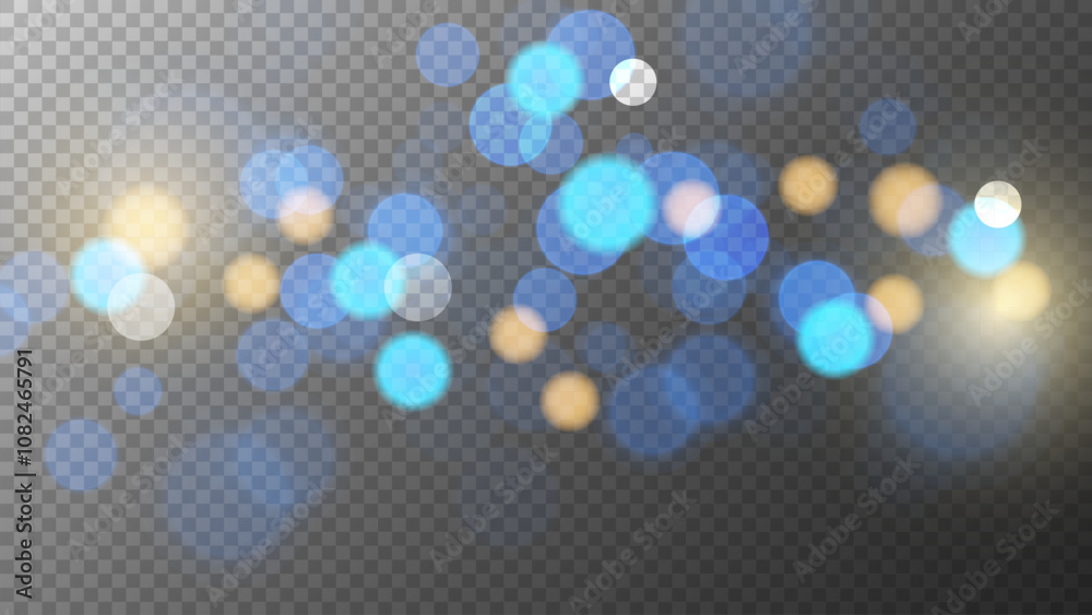 Bright bokeh lights. Abstract blur light effect. Blurred overlay template. Transparent background. Vector illustration.