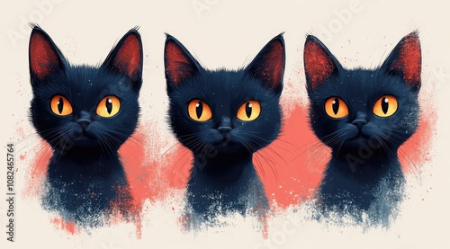 Three black kittens with bright yellow eyes and red ears against a pink background.