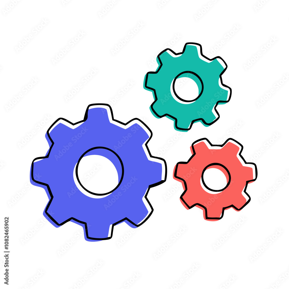 Colorful gears in blue, green, and red arranged in a playful configuration, symbolizing mechanical engineering and innovation in a creative design workspace