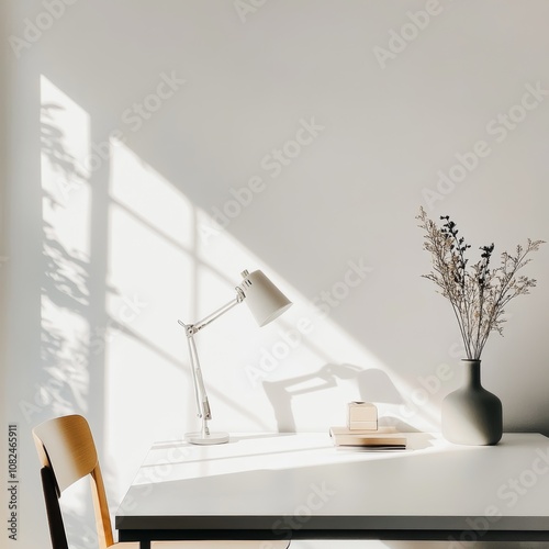 a minimalist lamp desk with white wall. aesthetic home decor inspiration