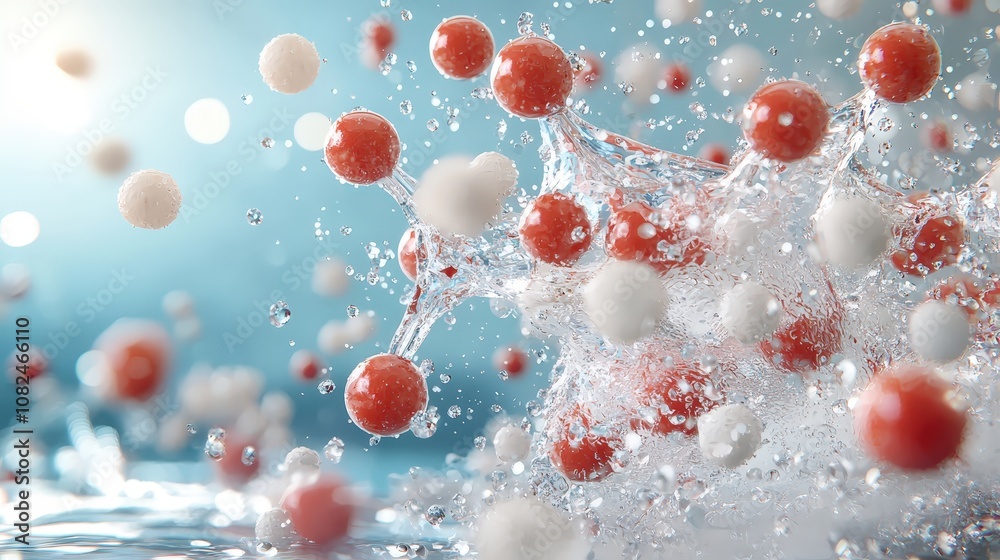 Close-Up View of Water Molecules in Motion, Capturing the Dynamic Behavior of Molecules and Droplets in a Vivid Illustration of Fluid Dynamics Close-Up View of Water Molecules in Motion, Capturing the Dynamic Behavior of Molecules and Droplets in a Vivid Illustration of Fluid Dynamics