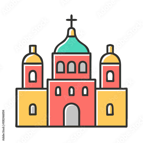 Colorful illustration of a historic church with three domes and a cross, showcasing a vibrant architectural design often found in Eastern European towns during summer