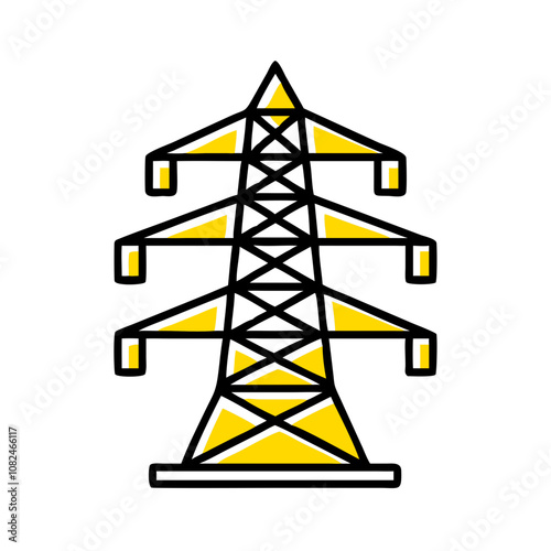 A bright and bold illustration of a high-voltage power transmission tower designed for energy distribution, showcasing its structural features against a plain background