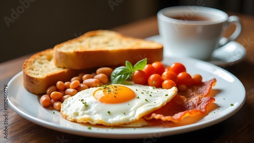 A delicious plate filled with food containing scrambled eggs, crispy bacon, savory beans, and juicy tomatoes, placed beside a steaming cup of coffee