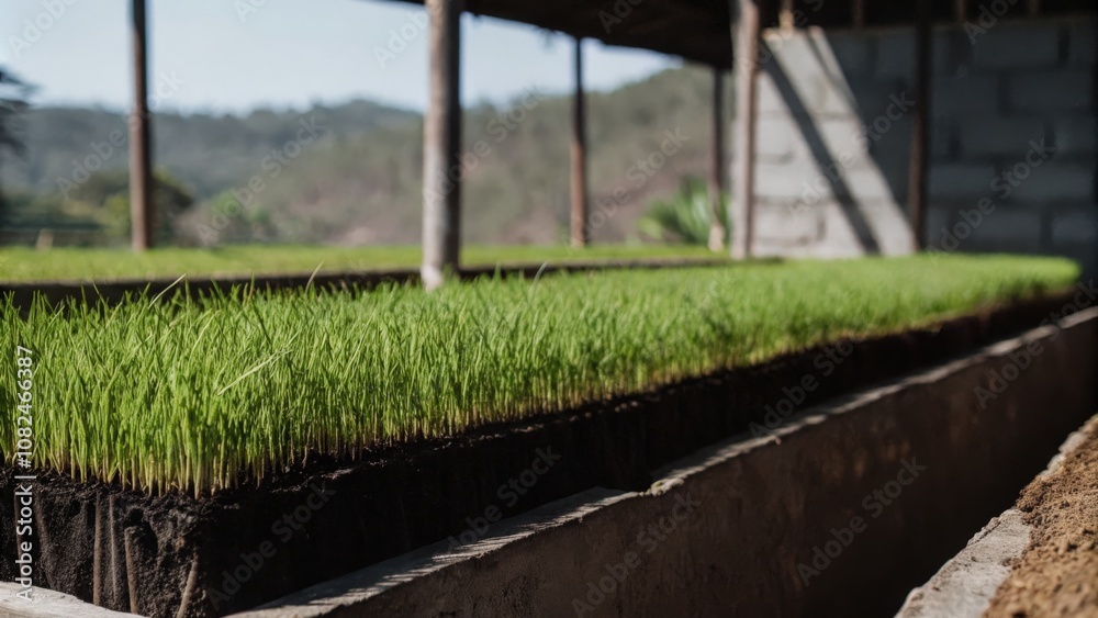 Young rice plants growing in a farm nursery bed outdoors. Young rice plants growing in a farm nursery bed outdoors.