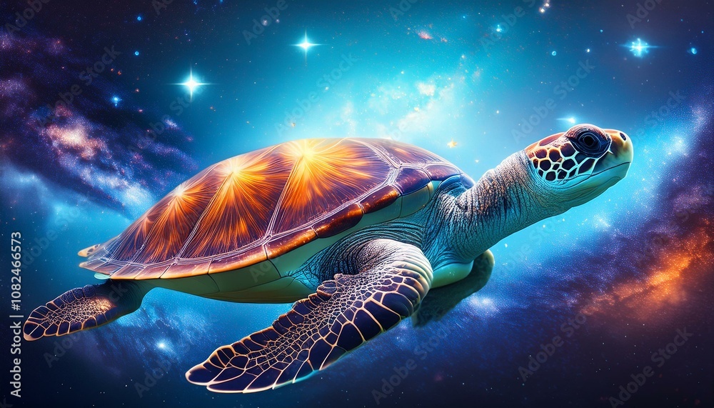 Fototapeta premium cosmic turtle swimming in space godlike creature awe inspiring dreamy digital illustration