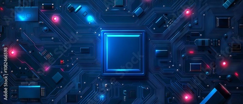 Obraz na płótnie Futuristic blue circuit board texture background with flowing waves and quantum explosion effects, modern quantum computer technology concept, vector motherboard design w salonie