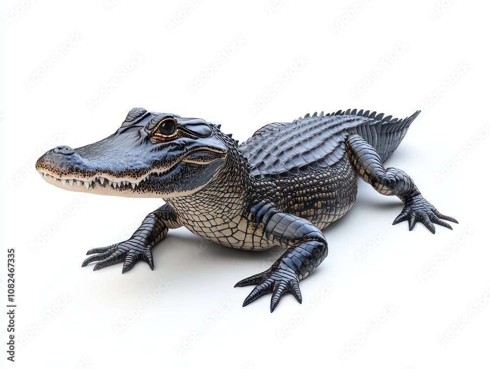 Naklejka premium A detailed, realistic depiction of an alligator, showcasing its textured skin and sharp features against a plain background.
