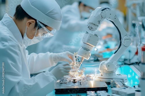 A group of engineers in white lab coats, working on an advanced robotic arm with various parts and components displayed on the table in front of them