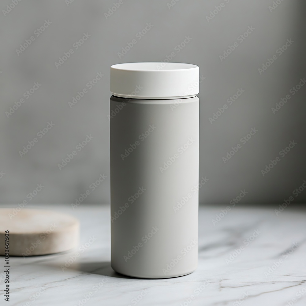 sleek futuristic athletic light grey matte porcelain water bottle. Straight cylinder body. No taper for lid. Simple white silicone sleeve around body and lid,generative ai