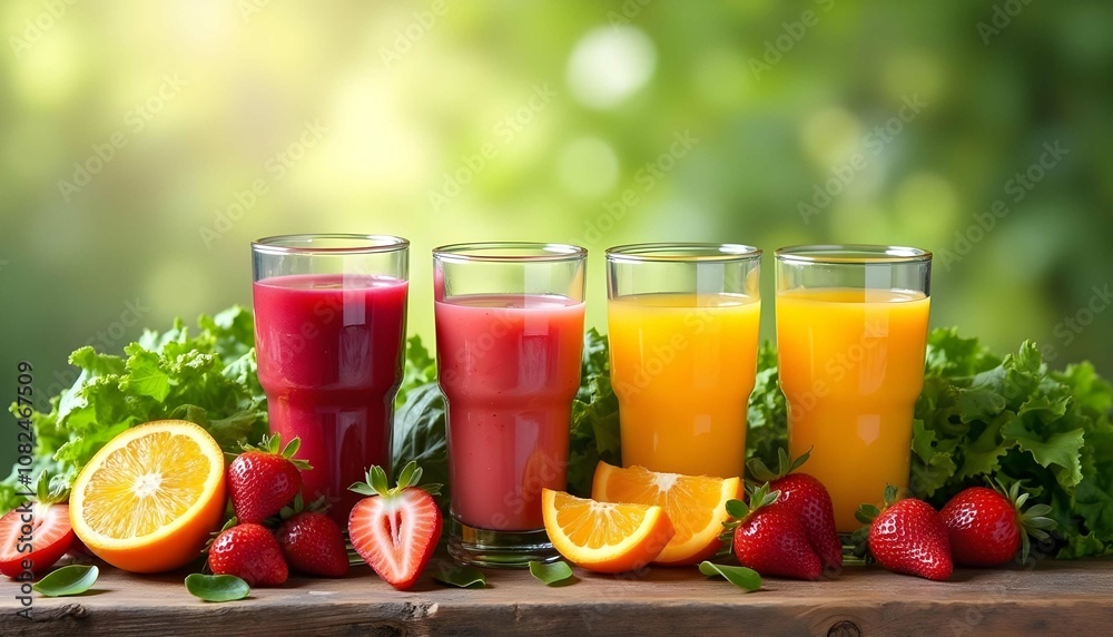 Assortment of fresh fruit juices and smoothies with various fruits and vegetables, including oranges, strawberries, and leafy greens, on a wooden table against a blurred natural background Assortment of fresh fruit juices and smoothies with various fruits and vegetables, including oranges, strawberries, and leafy greens, on a wooden table against a blurred natural background