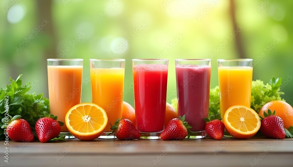 Assortment of fresh fruit juices and smoothies with various fruits and vegetables, including oranges, strawberries, and leafy greens, on a wooden table against a blurred natural background Assortment of fresh fruit juices and smoothies with various fruits and vegetables, including oranges, strawberries, and leafy greens, on a wooden table against a blurred natural background