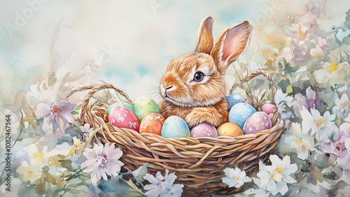 Adorable watercolor style easter bunny nestled in a basket with colorful easter eggs. Surrounded by delicate flowers, creating a charming easter scene. Design for easter greeting card.