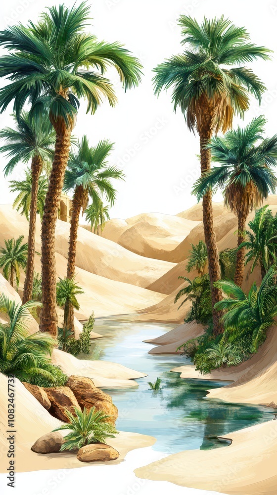 Fototapeta premium A serene desert scene featuring palm trees, flowing water, and sand dunes, creating a tranquil oasis in the arid landscape.