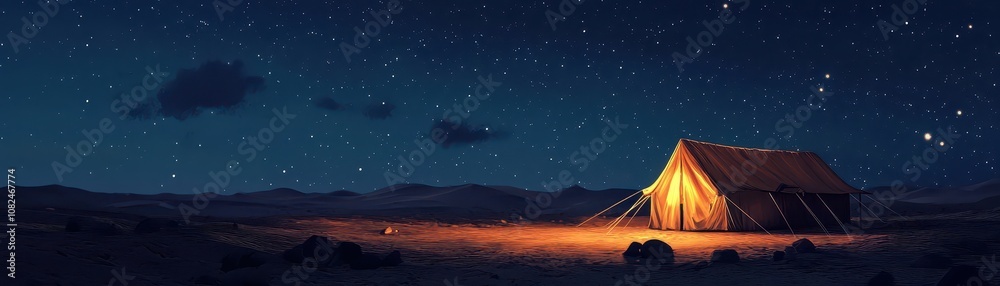 A serene night scene featuring a glowing tent under a starry sky, surrounded by a vast, dark landscape. A serene night scene featuring a glowing tent under a starry sky, surrounded by a vast, dark landscape.