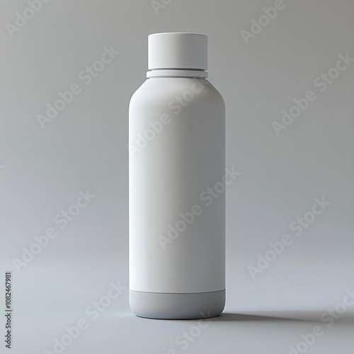 sleek futuristic athletic light grey matte porcelain water bottle. Straight cylinder body. No taper for lid. Simple white silicone sleeve around body and lid,generative ai