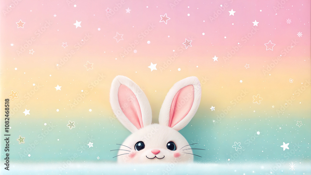 Smiling cartoon bunny peeking on a pastel rainbow background with stars, magical Easter theme Smiling cartoon bunny peeking on a pastel rainbow background with stars, magical Easter theme