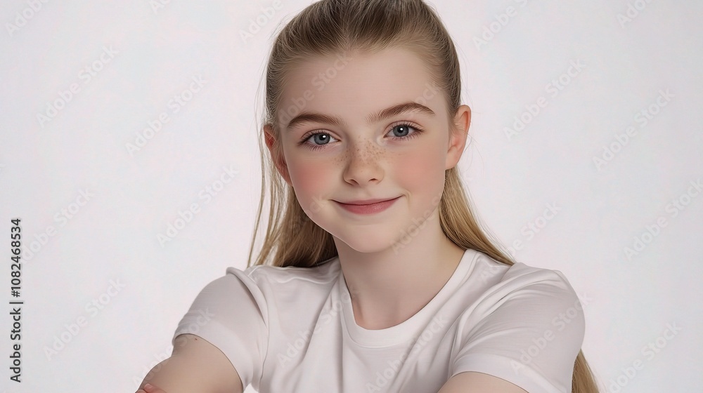 Smiling Young Girl in Casual Attire with Crossed Arms, Exuding Confidence and Joy Against a Plain Background, Perfect for Family or Youth Themes Smiling Young Girl in Casual Attire with Crossed Arms, Exuding Confidence and Joy Against a Plain Background, Perfect for Family or Youth Themes