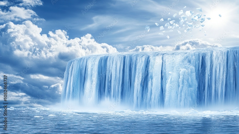 A majestic waterfall cascading into a serene body of water under a bright sky. A majestic waterfall cascading into a serene body of water under a bright sky.