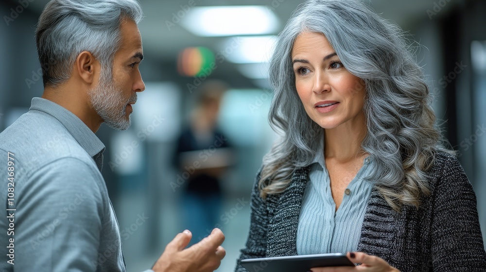 Two professionals discussing in a hallway, one holding a tablet, conveying collaboration. Two professionals discussing in a hallway, one holding a tablet, conveying collaboration.