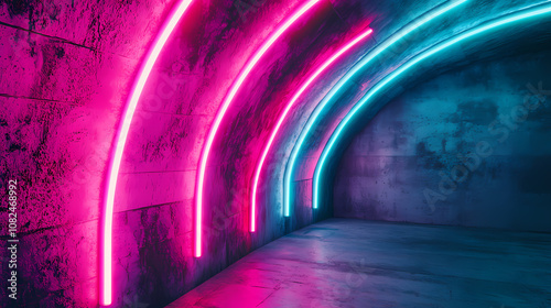 Vivid neon lights on textured background - vibrant pink and blue neon lights curve over a dynamic textured background, conveying a sense of futuristic energy and movement. Futurity. Illustration