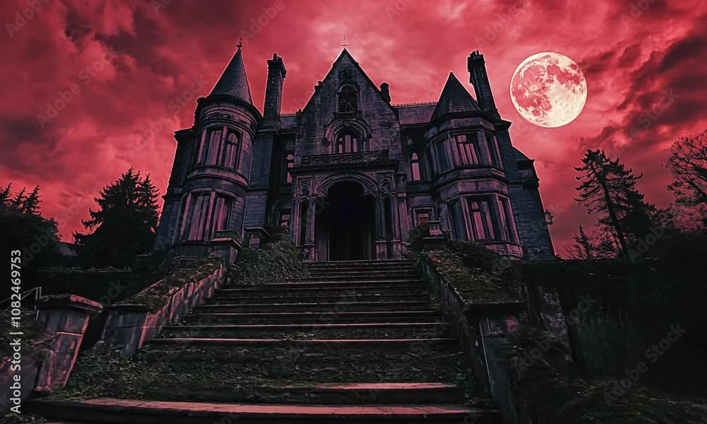 Mysterious Gothic Mansion Under Blood Red Sky and Full Moon, Surrounded by Dark Forest, Evoking Eerie Atmosphere Perfect for Halloween Themes and Horror Stories Mysterious Gothic Mansion Under Blood Red Sky and Full Moon, Surrounded by Dark Forest, Evoking Eerie Atmosphere Perfect for Halloween Themes and Horror Stories