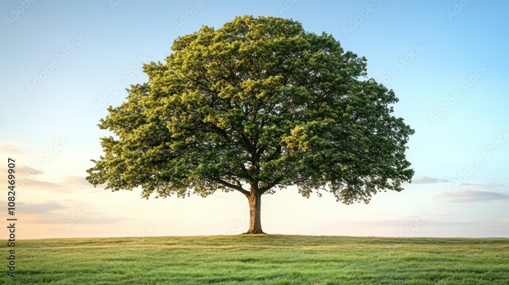Fototapeta premium A large, green tree stands alone on a grassy hill against a clear sky.