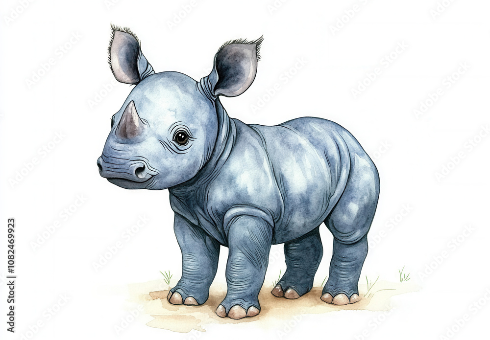 Obraz premium Watercolor, cute baby rhinoceros standing on the ground, full-body, white background clipart
