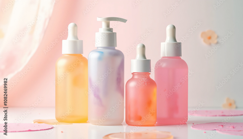 Colorful skincare bottles with droppers and pumps on a pastel background Colorful skincare bottles with droppers and pumps on a pastel background