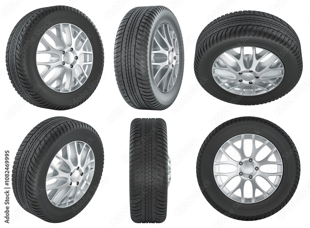 Car alloy wheel with tyre, different views. 3D rendering isolated on transparent background Car alloy wheel with tyre, different views. 3D rendering isolated on transparent background
