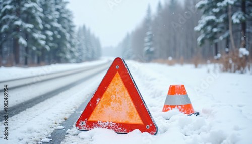 Emergency warning triangle and traffic cone on a snowy road in a winter setting