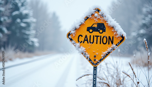 Snow-covered caution road sign warning of vehicles in a winter landscape