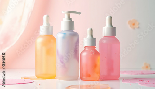 Colorful skincare bottles with droppers and pumps on a pastel background