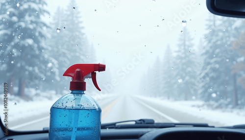 Interior view of a car with a blue spray bottle and rain droplets on the windshield in winter
