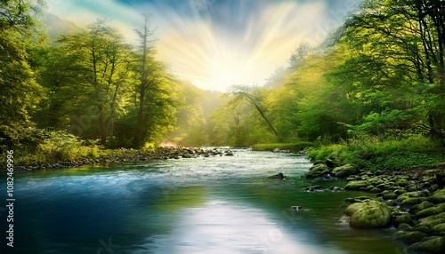 digital painting river in forest illustration background