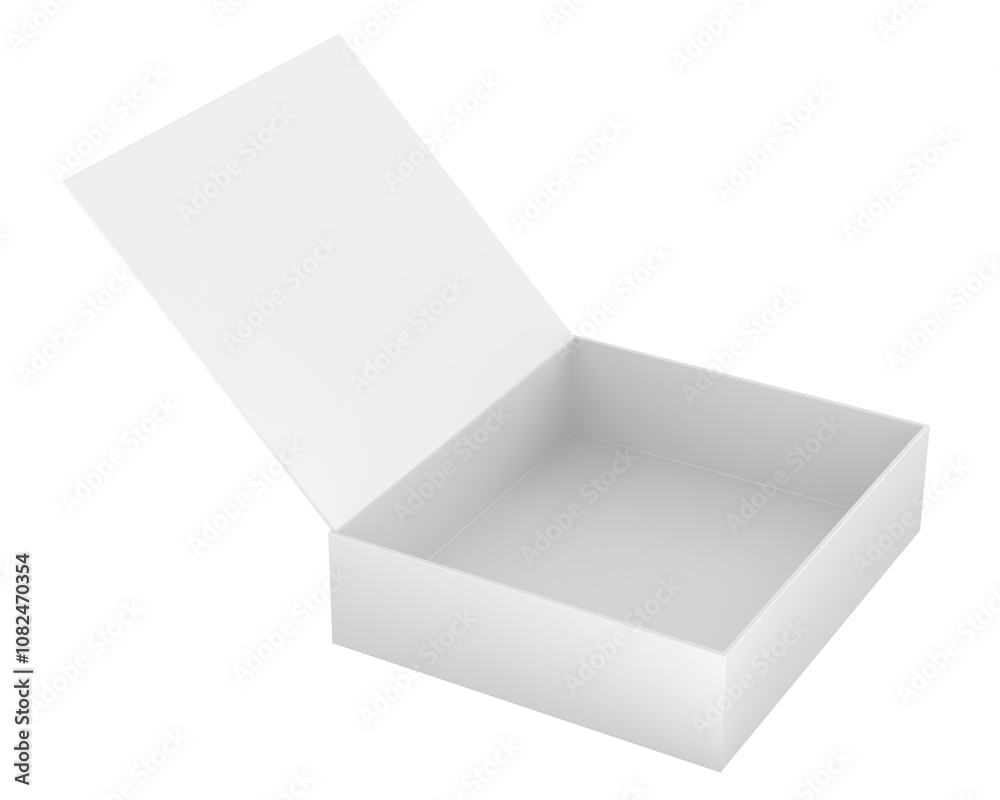 Blank white flat square gift box with opened hinged flap lid. 3D rendering isolated on transparent background Blank white flat square gift box with opened hinged flap lid. 3D rendering isolated on transparent background