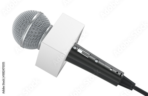 Reporter Microphone with blank transparent box. 3D rendering isolated on transparent background