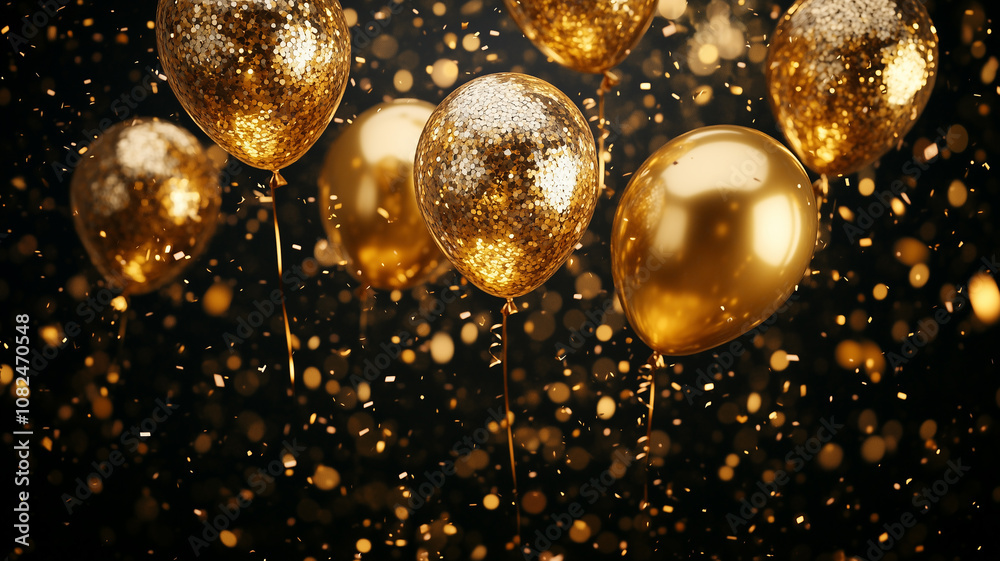 Luxurious Golden Balloons Party Decoration with Sparkling Confetti and Bokeh Lights Luxurious Golden Balloons Party Decoration with Sparkling Confetti and Bokeh Lights