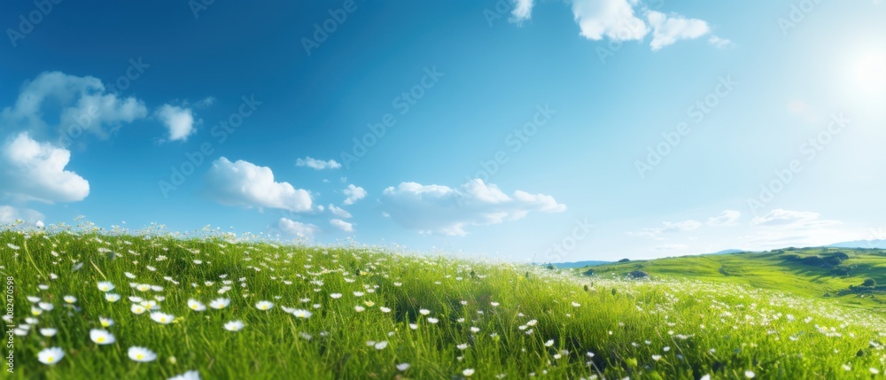 Fototapeta premium Idyllic Spring Meadow Under a Sunny Blue Sky