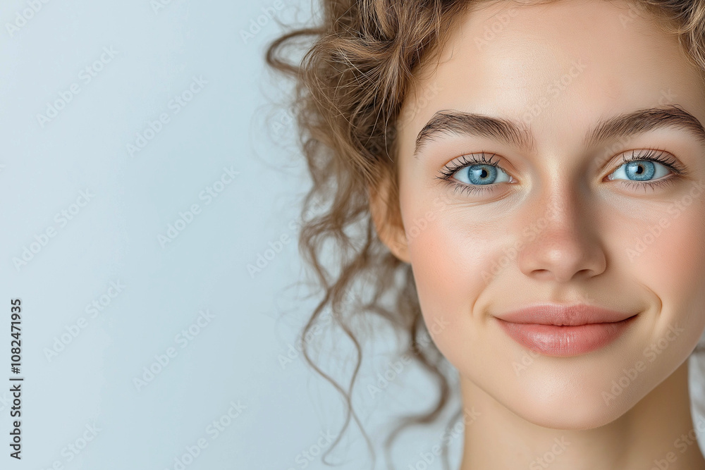 Naklejka premium 25 year old beautiful female model of European appearance with blue eyes, on the right. close-up. Kind facial expression on a light background. Advertising banner
