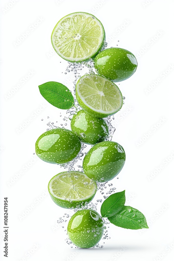 Fresh Green Limes Sliced and Whole with Bubbles and Leaves Floating in Air on Light Background for Food and Beverage Themes Fresh Green Limes Sliced and Whole with Bubbles and Leaves Floating in Air on Light Background for Food and Beverage Themes