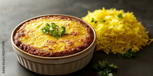 Traditional South African Bobotie with Yellow Rice photo