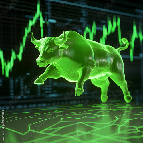 3D green glowing bull with a market trend background 