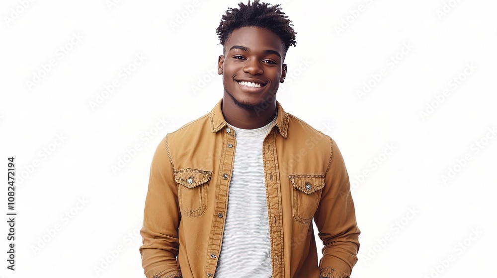 Obraz premium Confident Young Man Smiling in Casual Attire with Natural Expression Standing Against a White Background, Perfect for Lifestyle or Fashion Themes in Stock Photography