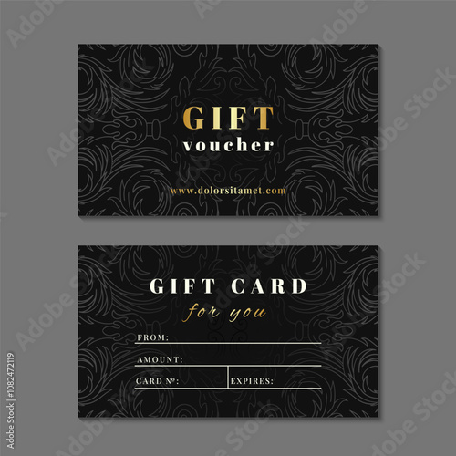 Vintage black gift card with golden text. Dark elegant classic voucher design with retro baroque ornament. Luxury style ornate brochure template set. EPS 10 vector illustration.