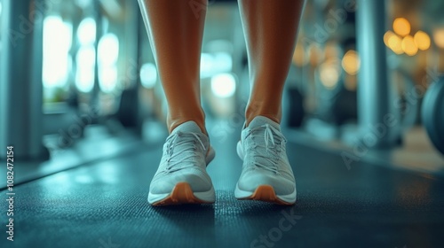 Feet in athletic shoes move steadily on a treadmill in a bright, inviting gym. The atmosphere encourages health and fitness goals. photo