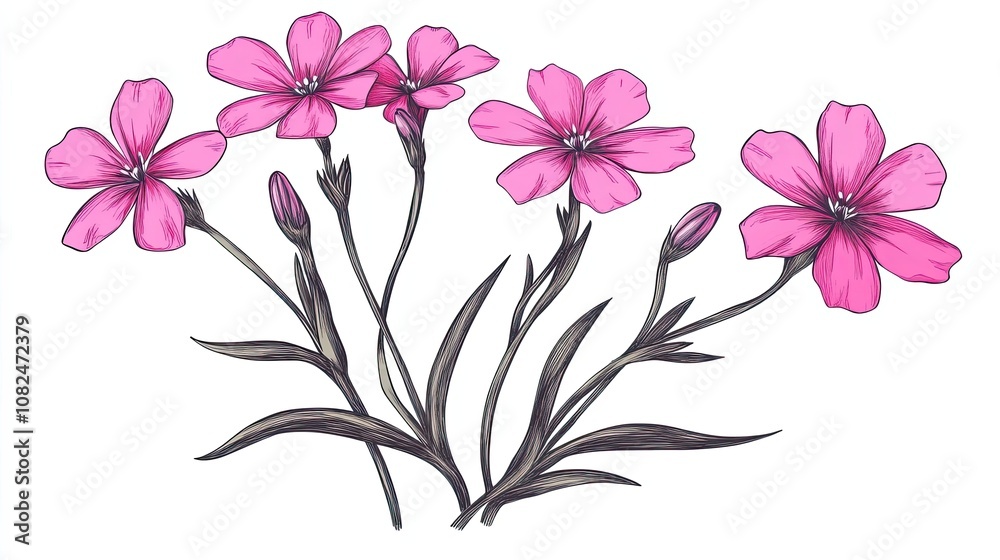 Pink Flowers with Dark Green Stems and Leaves Pink Flowers with Dark Green Stems and Leaves