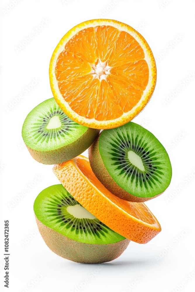 Vibrant and Fresh Citrus and Kiwi Slices Stacked in Artistic Arrangement Against a White Background for Healthy Food Concept and Nutrition Themes Vibrant and Fresh Citrus and Kiwi Slices Stacked in Artistic Arrangement Against a White Background for Healthy Food Concept and Nutrition Themes