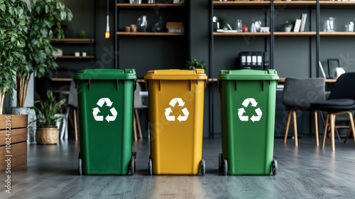 Three recycling bins, two green and one yellow, with recycling symbols in an office setting with shelves and plants in the background.
