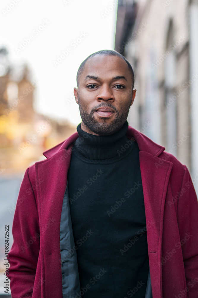 Fashion portrait of black man in city in modern spring or fall season outfit. Fashion portrait of black man in city in modern spring or fall season outfit.